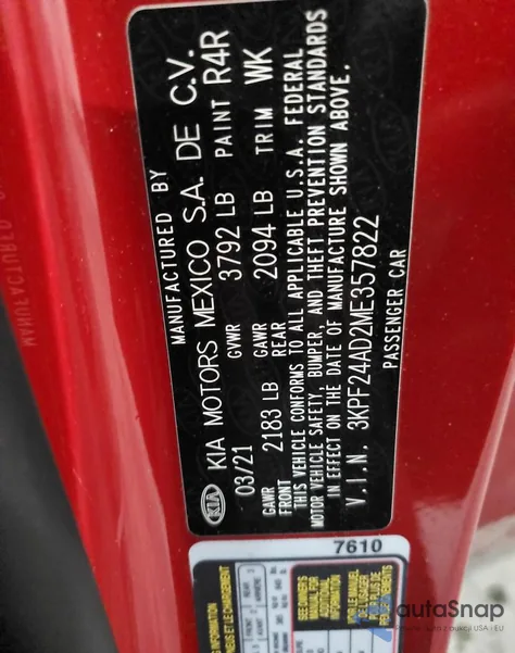 2021 Kia Forte Fe из США, поврежденный, VIN 3KPF24AD2ME357822